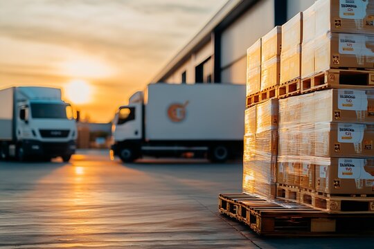 Distribution warehouse at dusk with shipment trucks and sunlight hitting stacked pallets : Generative AI