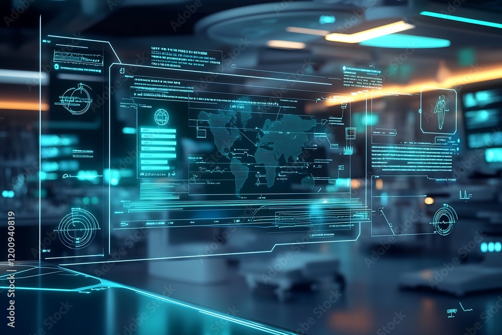 Poster Global Data Network Interface with World Map and Information Dashboard in Modern Laboratory : Generative AI