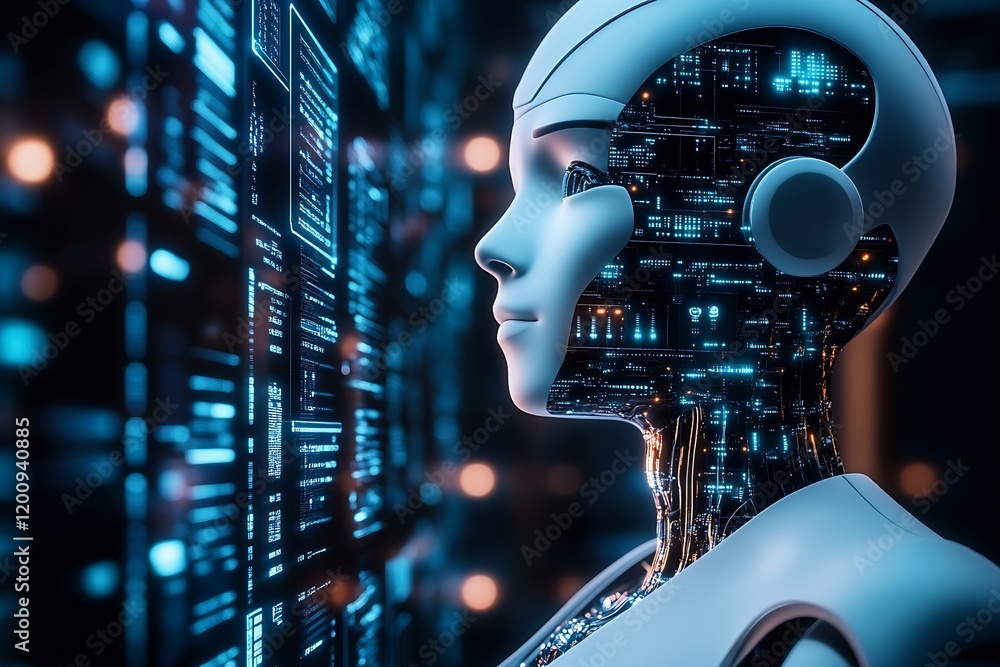 Poster Profile of Advanced AI Robot Analyzing Digital Data in Cybernetic Environment : Generative AI