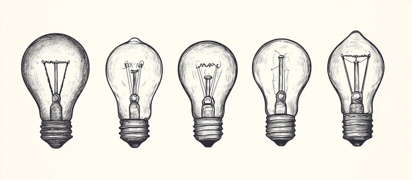 Five hand-drawn incandescent light bulbs in varying styles.