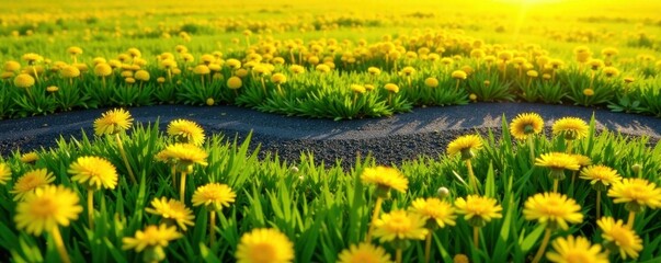 Obraz premium Asphalt ribbon cuts through vibrant yellow dandelion field , landscape, field, green