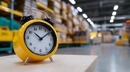 Yellow alarm clock in a warehouse setting emphasizing time management and efficiency