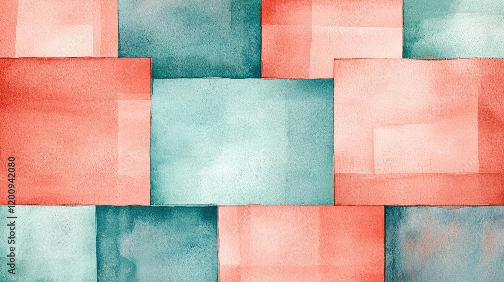 Poster geometric watercolor concept. vibrant watercolor pattern with overlapping squares in coral and teal 