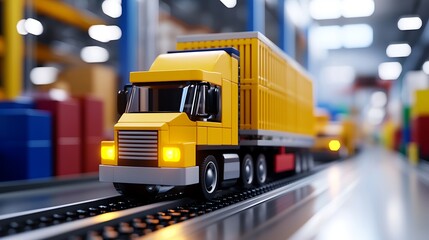 Yellow Pixel Art Truck on Conveyor Belt in Warehouse