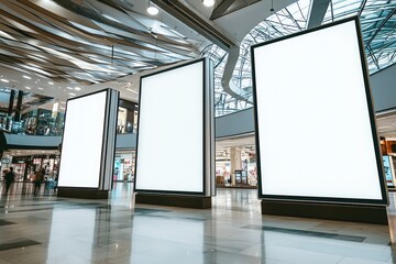 Trio of vertical advertising boards in a spacious, stylish mall environment.
