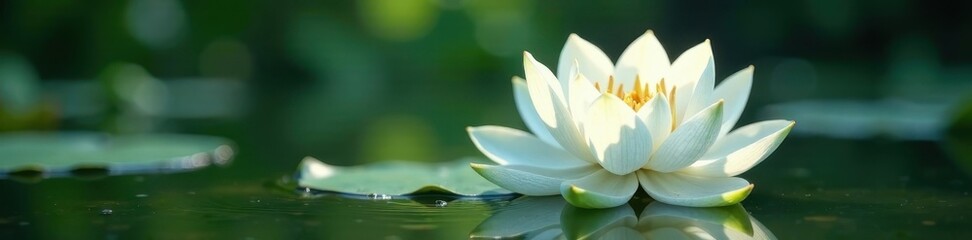 Elegant white lotus flower in clear water, delicate petals unfurling , nymphaea, unfurling