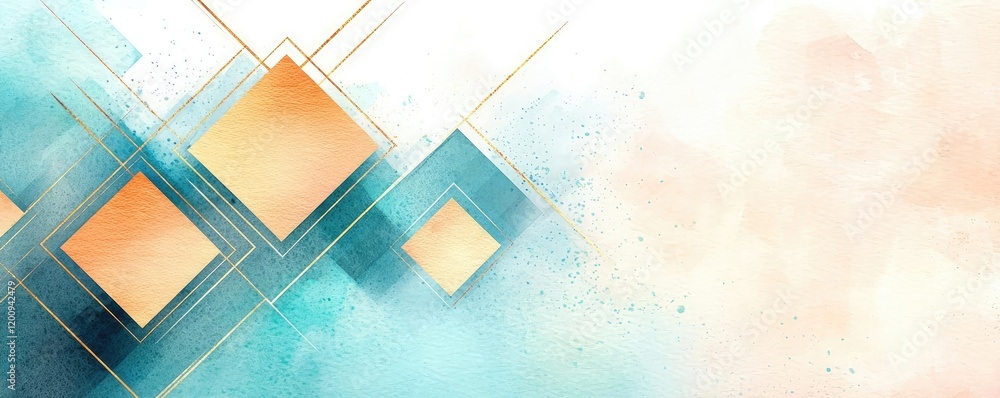 Poster geometric watercolor concept. abstract geometric shapes in teal and gold create a modern artistic ba