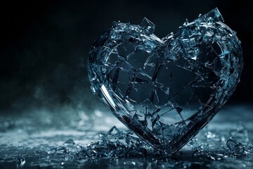 Fototapeta premium A broken heart made of glass, with shattered pieces scattered around it. The background is dark and moody, creating an atmosphere that evokes sadness or loss. 