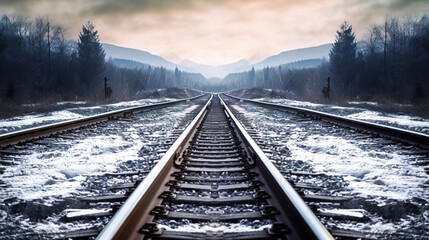 Fototapeta premium Winter Railroad Tracks Through Mountains