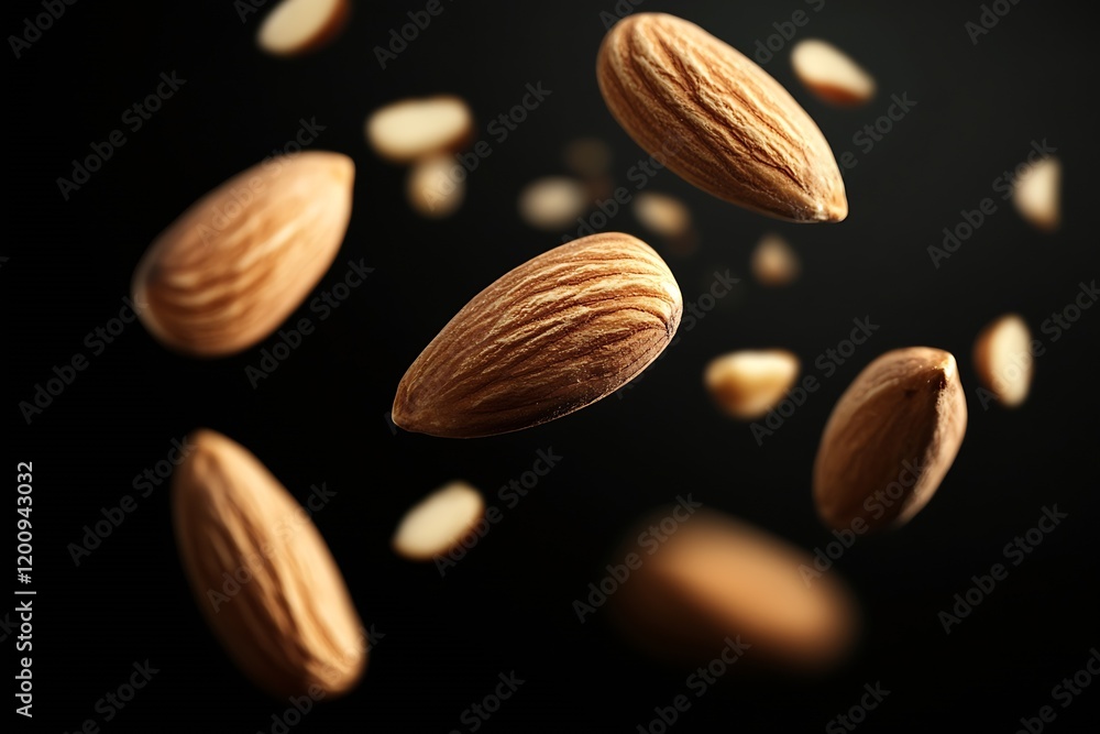 Poster Dynamic Capture of Floating Almonds Against Dark Background for Culinary Concepts : Generative AI