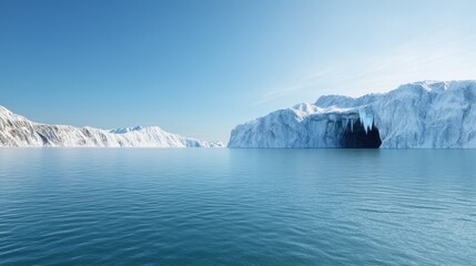 Serene glacial landscape with calm waters and clear skies.