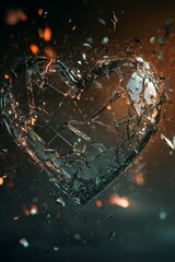 A broken heart made of glass, with shattered pieces scattered around it. The background is dark and moody, creating an atmosphere that evokes sadness or loss. 