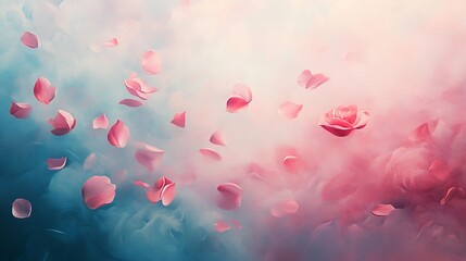 Pink rose petals drifting in a soft misty background filled with light pastel tones creating a calming scene