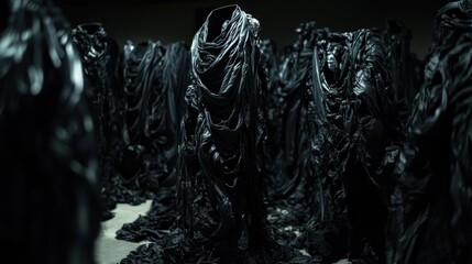 Dark, abstract sculptural garments in a crowded gallery space.