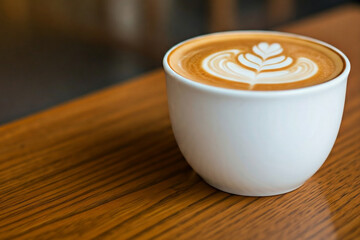 A close-up of a perfectly crafted latte art, featuring a delicate leaf design on top of a creamy cappuccino.