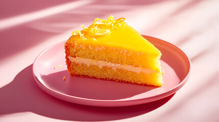 Delicious Lemon Drizzle Cake Slice on Pink Plate with Soft Light