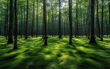 Fototapeta premium Sunlit forest with moss-covered ground.