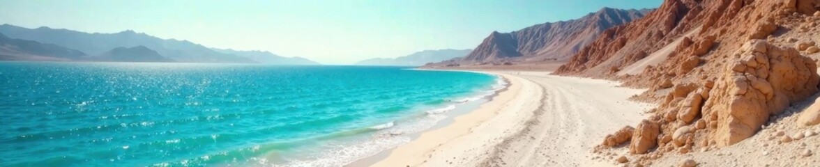 Obraz premium Dead Sea's glistening, mineral-rich shore, stark landscape , panoramic, view, travel