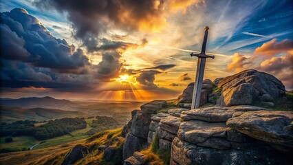 Obraz premium Aerial View of a Legendary Sword in a Mystical Landscape