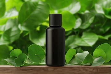 Centella Asiatica oil extract. Black bottle surrounded by green leaves on wooden surface.