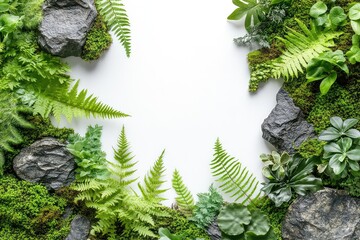 A fresh green layout of ferns, moss, and small jungle plants, complemented by textured rocks on a white background.