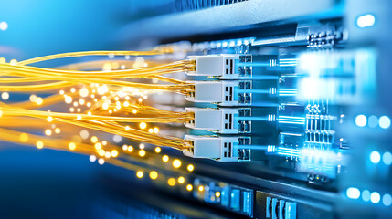 Naklejka premium fiber optic network setup in modern data center with glowing cables