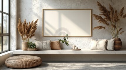 Cozy interior with neutral tones and decorative plants in sunlight