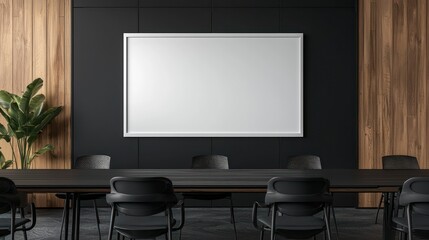 Frame stands empty in modern boardroom, clean tones blend table and sleek style.
