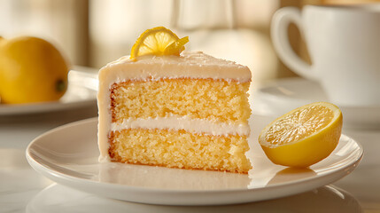 Soft Lemon Drizzle Cake with Fresh Lemon Slice on a White Plate