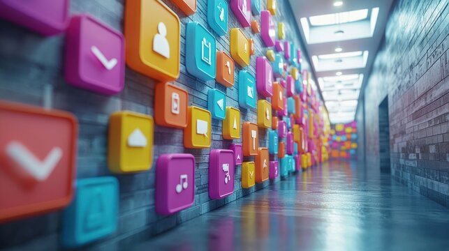 Colorful app icons on hallway walls, digital future