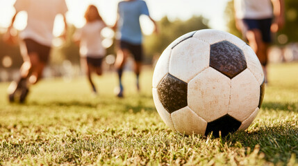 close up of soccer ball on grass with players running in background, capturing excitement of game