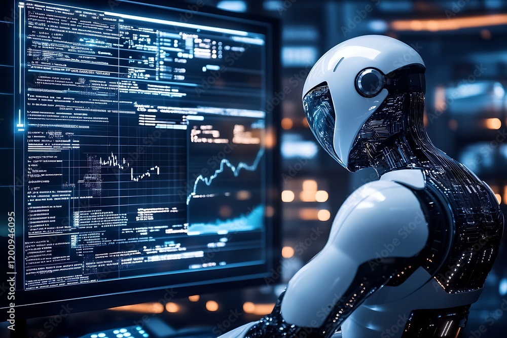 Aufkleber Futuristic Robot Analyzing Financial Data on High Tech Computer Screen : Generative AI