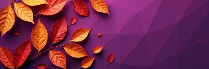 Dry orange metallic leaves, violet backdrop Geometric autumnal design , geometric, image