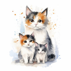 Heartwarming Watercolor Illustration of Calico Cats Family with Kittens, Perfect for Pet Lovers and Home Decor