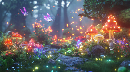 Cartoon fairies and magic mushrooms in fantasy forest. Vector strange fungi, unusual fairytale or jelly alien plants with bright luminous glowing caps, flying sparkles and funny elves