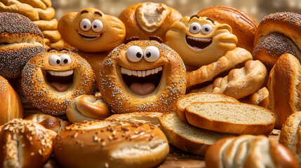Fototapeta premium Cartoon bread and bakery characters seamless pattern background, vector funny buns and loafs. Cute bakery bread pattern of wheat bagel, rye loaf and baguette or ciabatta with pretzel and flatbread