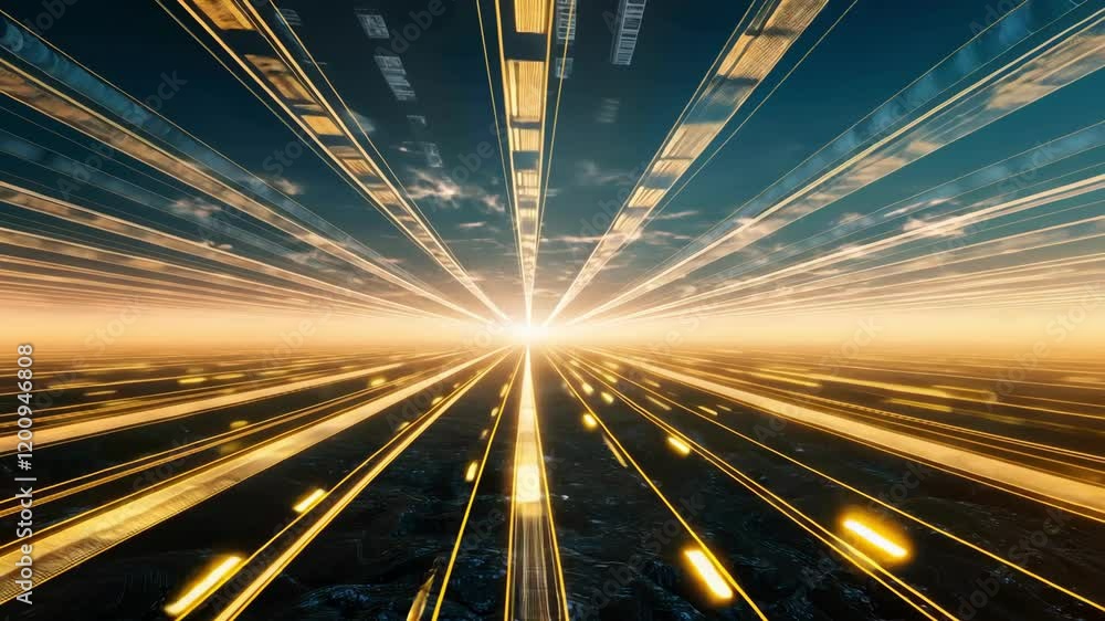 Poster dynamic visual of radiant light beams converging, creating a futuristic atmosphere with energy and m