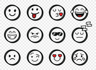 Emojis faces icon in hand drawn style. Doddle emoticons vector illustration on isolated background. Happy and sad face sign business concept.