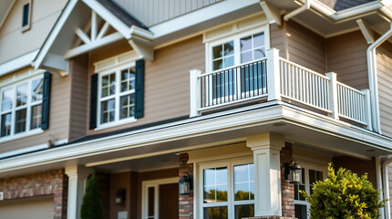 Luxury Home Exterior: Modern Architectural Design, Brick Facade, Balcony, and Spacious Porch