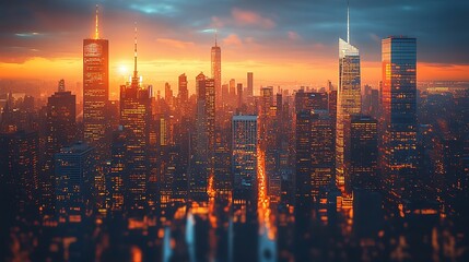 Fototapeta premium Manhattan Skyline Sunset Glowing Cityscape