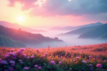 Dreamy, hazy light washes over a softly blurred landscape, fog, outdoors, idyllic