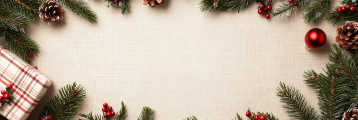 Festive holiday frame with pine branches, red ornaments, and gift box. Perfect for seasonal greetings and celebrations