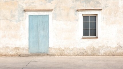 Fototapeta premium Weathered stucco wall with light blue door and window.