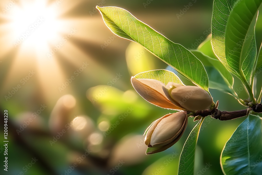 Poster buds and leaves of magnolia in sunbeam creating a peaceful ambient atmosphere : generative ai
