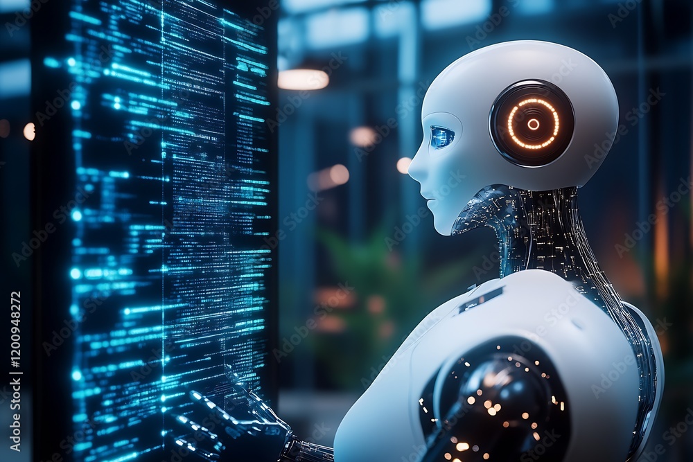 Fototapete AI Robot Engaging with Digital Interface in Innovative High-Tech Facility : Generative AI