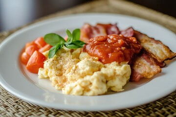 A close-up of a traditional English breakfast featuring scrambled eggs, tomato sauce, and a side of bacon on a white plate over a brown mat.