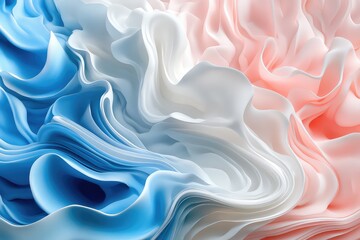 A futuristic 3D composition of wavy, liquid-like shapes in shades of blue, white, and pink, perfect for creative projects.