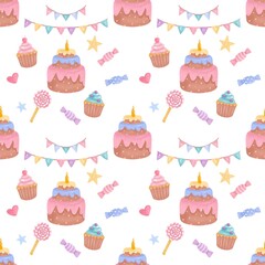 Seamless pattern happy birthday, birthday cake, candy, cupcakes, party. Watercolor style. Baby shower. Baby, newborn, kids, children background, Textile, fabric, paper, clothes, greeting card design