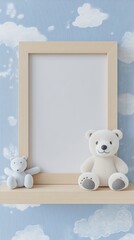 Teddy Bear Duo with Rectangular Frame on Cloud Wallpaper for Kids Room : Generative AI