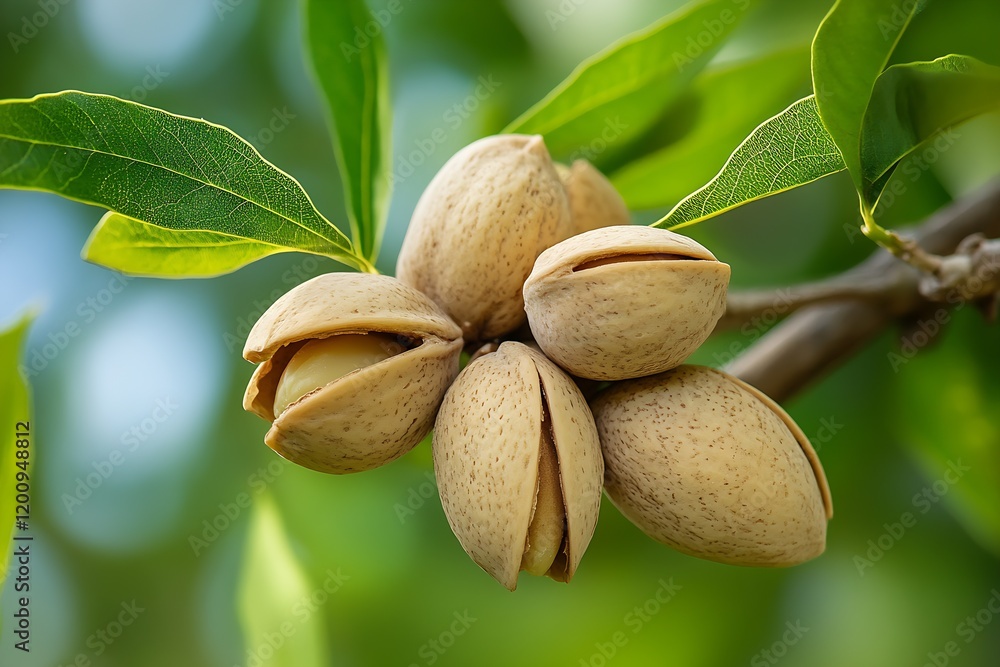 Poster natural green almonds clustered on branch with vivid leaves on sunny day : generative ai